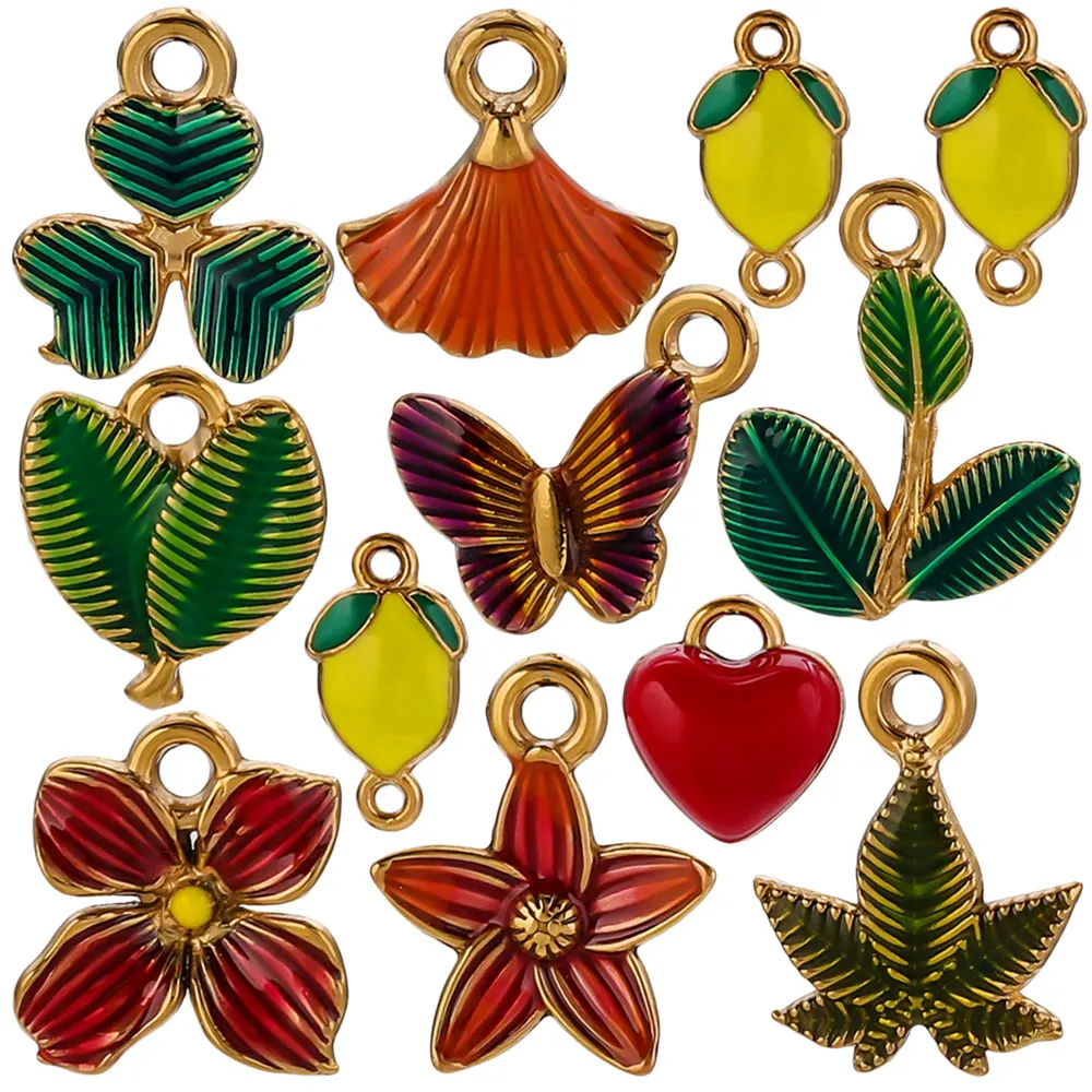 5 個のステンレス鋼チャームグリーンエナメル葉花植物シリーズペンダントアクセサリー DIY ネックレスイヤリングジュエリー作成用 1