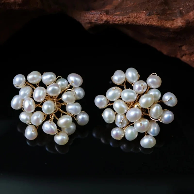 

SGARIT Natural Freshwater Pearl Flowers Large Stud Earrings for Women 14k Gold Filled Handmade Wedding Party Jewelry