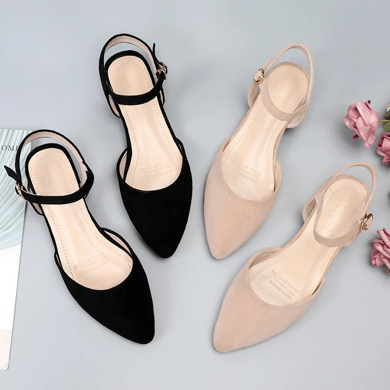 

Summer Pointed Toe Casual Ankle Strap Buckle Comfortable Ballet Shoes Women Shallow Mouth Suede Flat Causal Black Sandals