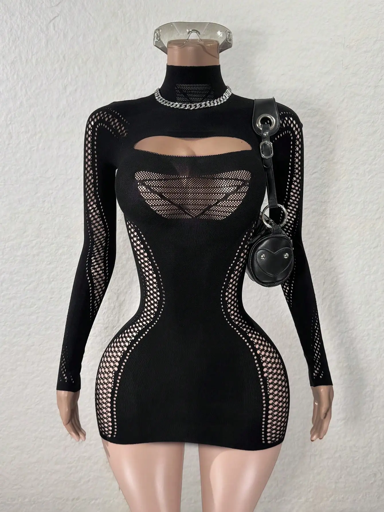 

Black Mesh Cut-Out Long Sleeve Mini Dress with High Neck