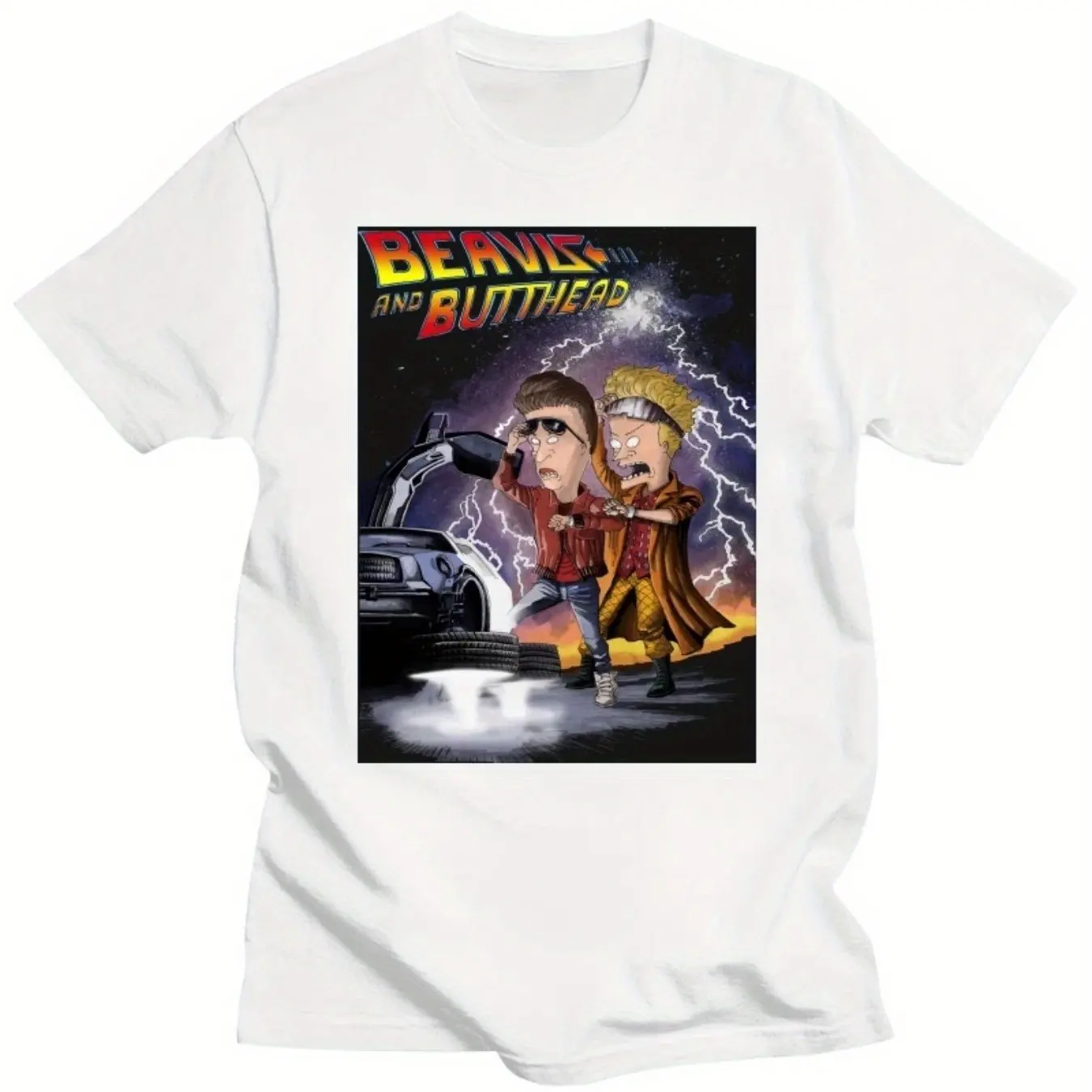 تي شيرت قطني للرجال مقاس Lus - Beavis & Butt-Head Meet Back to the Future Combo Graphic تي شيرت أبيض قصير الأكمام مقاس عادي #2