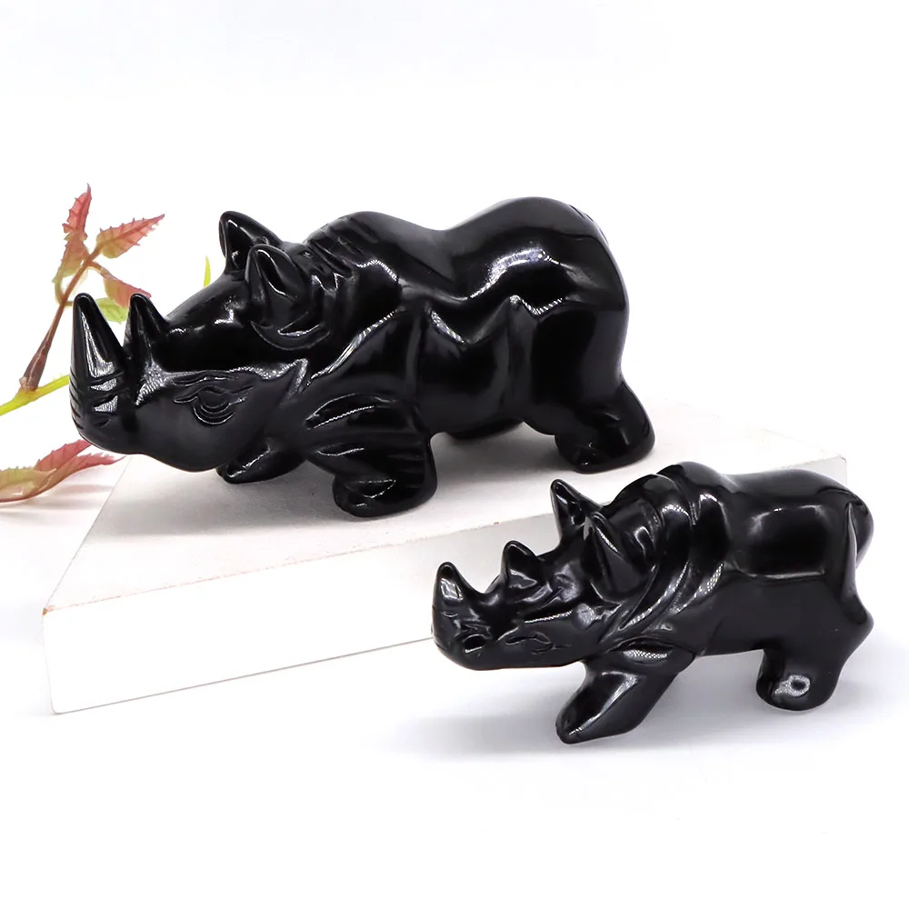 

3"/4" Rhinoceros Natural Gems Black Obsidian Crystal Carved Reiki Healing Stone Animal Figurine Feng Shui Crafts Home Decoration