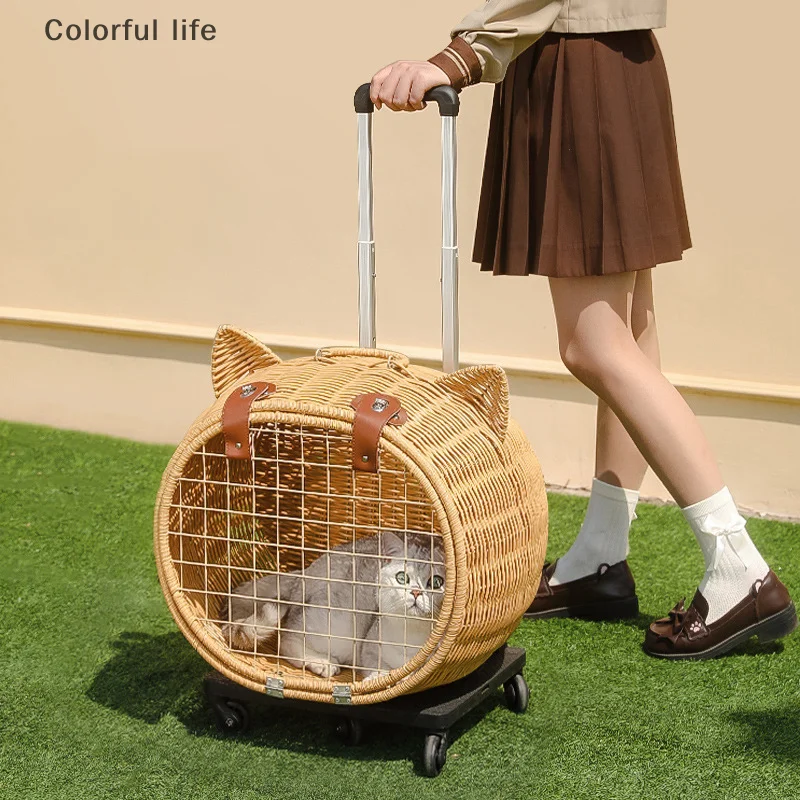 

Pet Cat Bag Breathable Portable Puppy Dog Transport Carrier Rattan Trolley Cat Cart Travel Box Cat Cage Cat Box Pet Trolley