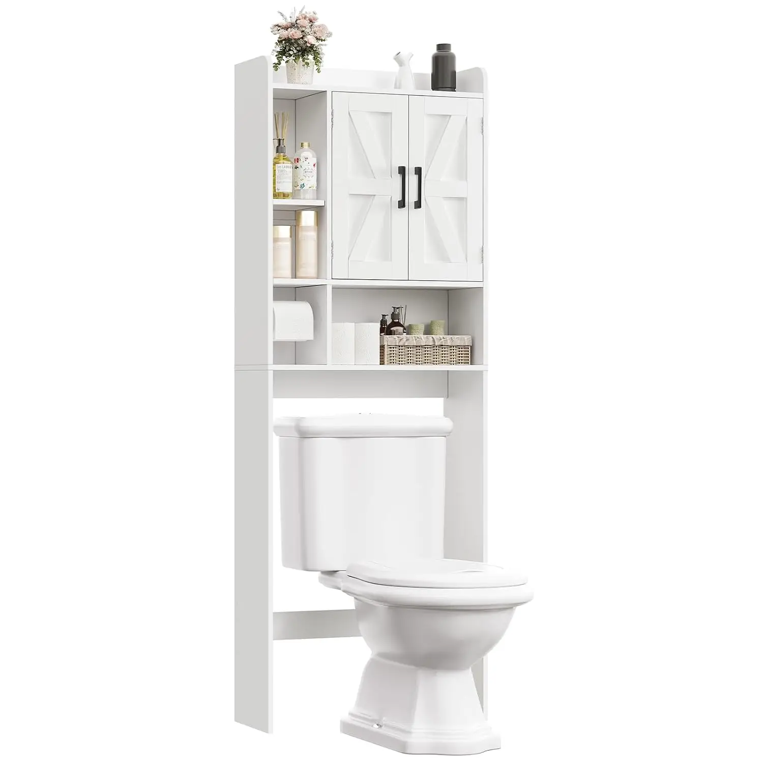Tall Bathroom Cabinet with 4 Shelves, Over Toilet Organizer with 2 Doors, Space Saver for Bathroom & Laundry, White, Customized