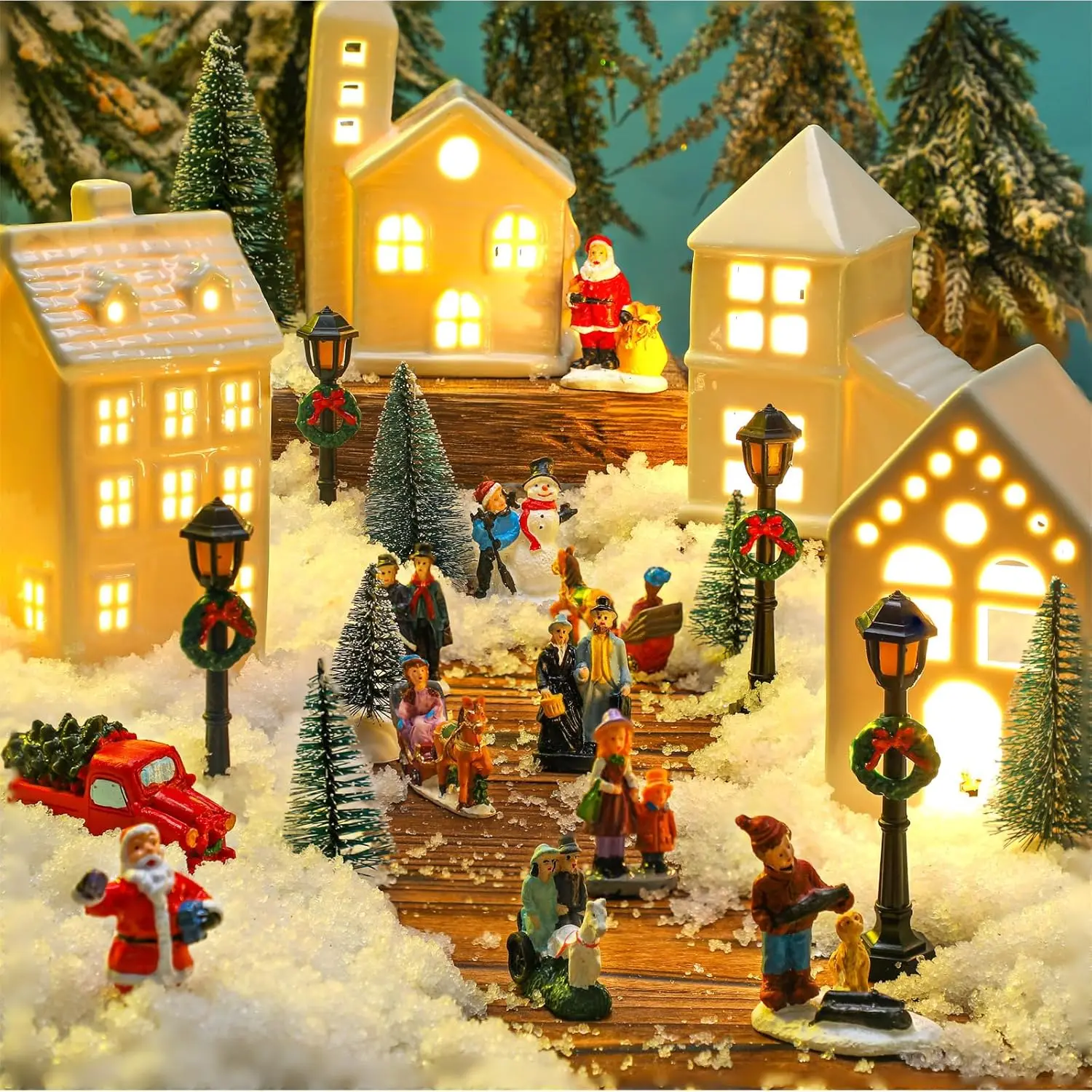 Juego de pueblo navideño LED de 25 piezas con casas de cerámica, figuritas de resina para decoración festiva