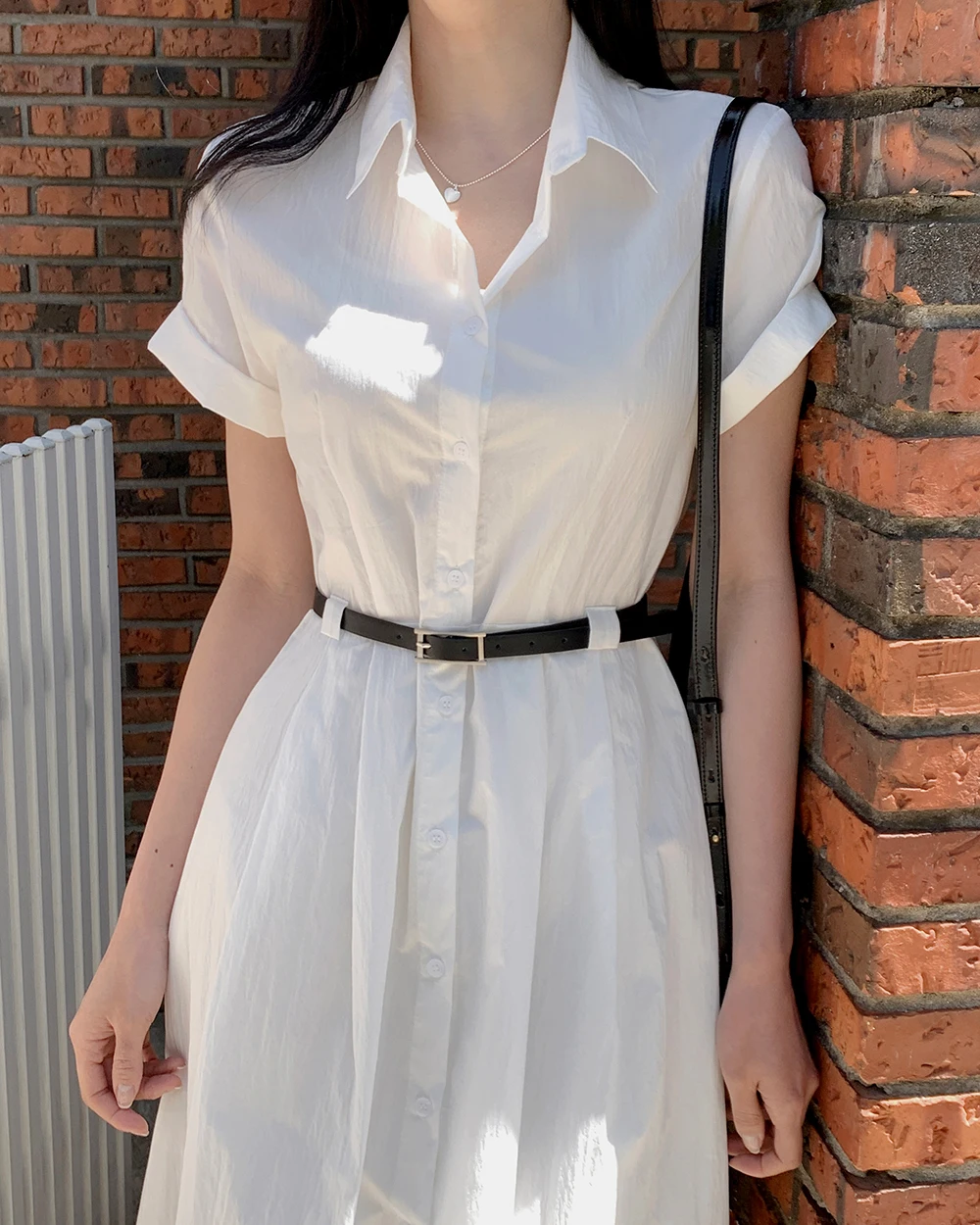 Chic White Short Sleeve Women Shirt Dress Summer Turn Down Collar A-Line Casual Dress Simple French Style Simple-breasted Dress
