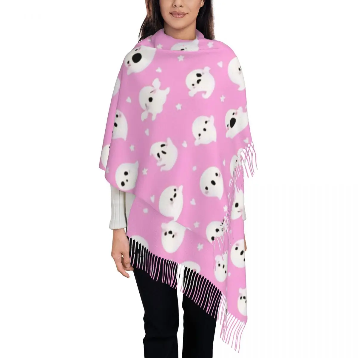 Womens Scarf with Tassel Halloween Day Single-sided Pattern Soft Shawl and Wrap Pink Coquette Ghost Daily Wear Pashmina Scarves