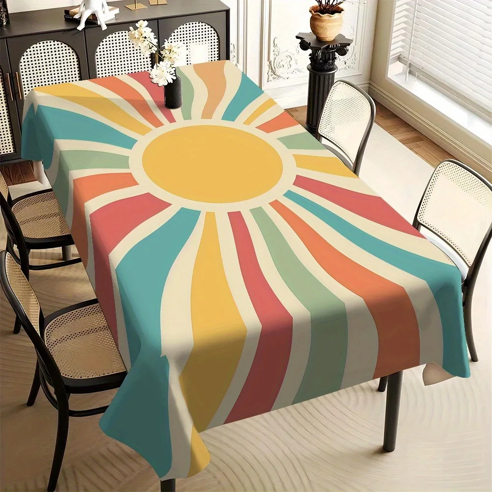 1pc of Tablecloth Featuring a Sun And Rainbow Striped Print, Made of Durable Polyester, Suitable for Rectangular Dining Tables in Kitchens, Picnics, And Parties. It Is Easy to Clean And Has a Decorative Design with Vibrant Patterns in a Rustic Count