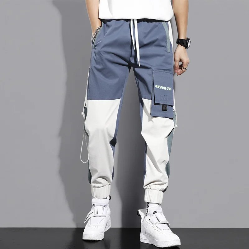 Streetwear Spring Casual Men\'s Pants Cotton Harem Ribbons Joggers Men Patchwork Fashion Ankle Length Jogger Pants For Boys