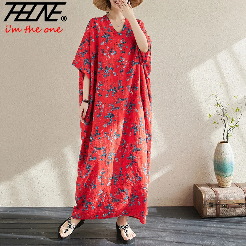Women Dresses Plus Size Maxi Long Bohemian Para Mujer Summer Elegant Boho V-Neck Floral Print Vintage Dresses Vestidos Femenino