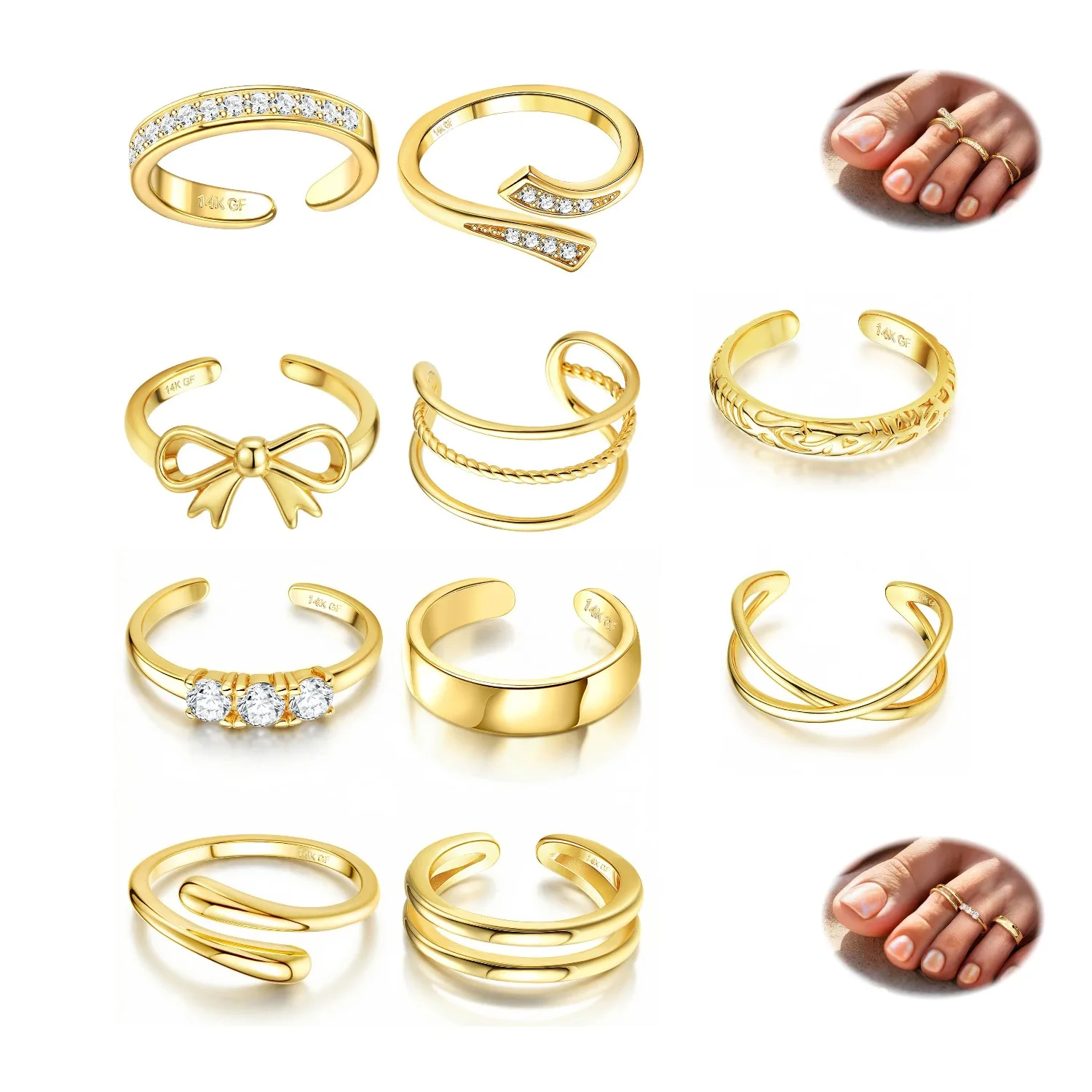 Bobisty 14K Vergoldete Zehenringe für Damen, Verstellbarer Zehenring, Anlaufgeschützt, Offener Band-Zehenring mit Zirkonia-Schleife, Sommer-Strand-Fußschmuck