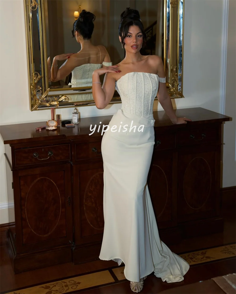 Customized Exquisite Elegant Jersey Pleat Ruched Lace Mermaid One-shoulder Long Dresses Bespoke Occasion Dresses Sizes Available 2