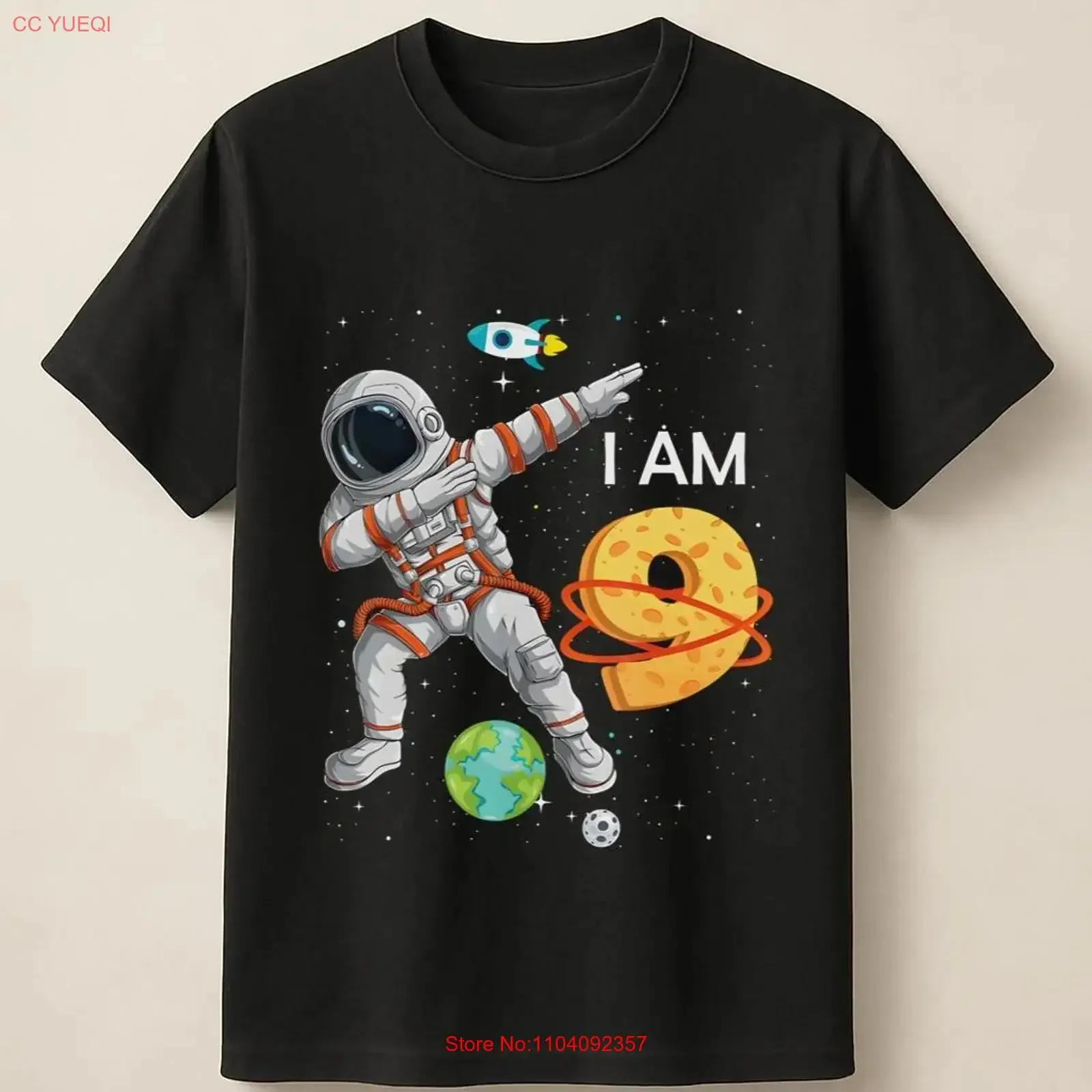 I Am 9 Birthday T Shirt with Astronaut Dab and Floating Planets  vintage Washed designer clothes graphic Stylish Soft homme