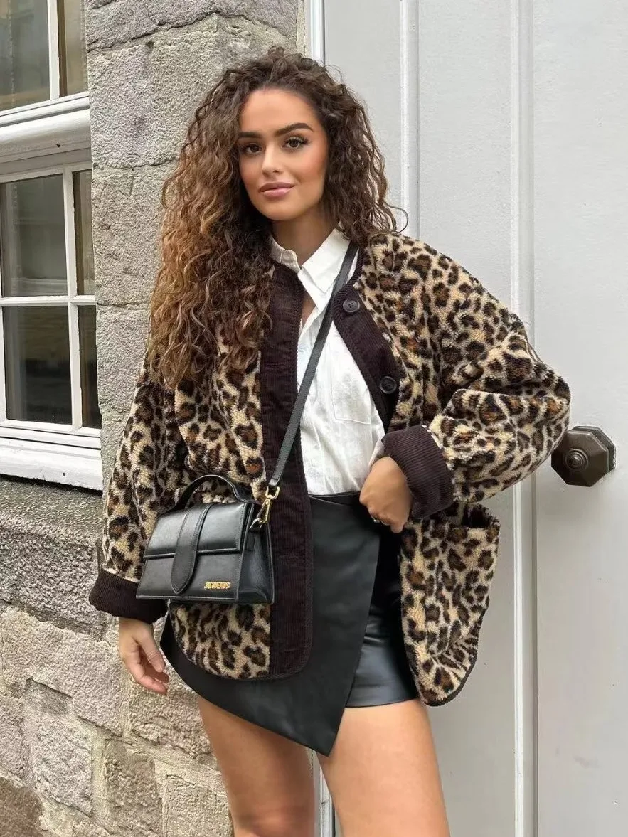 

Autumn Fashion Leopard Print Coat for Women Warm Woolen Button Jackets Winter 2024 Office Ladies Causal Outerwear Pocket