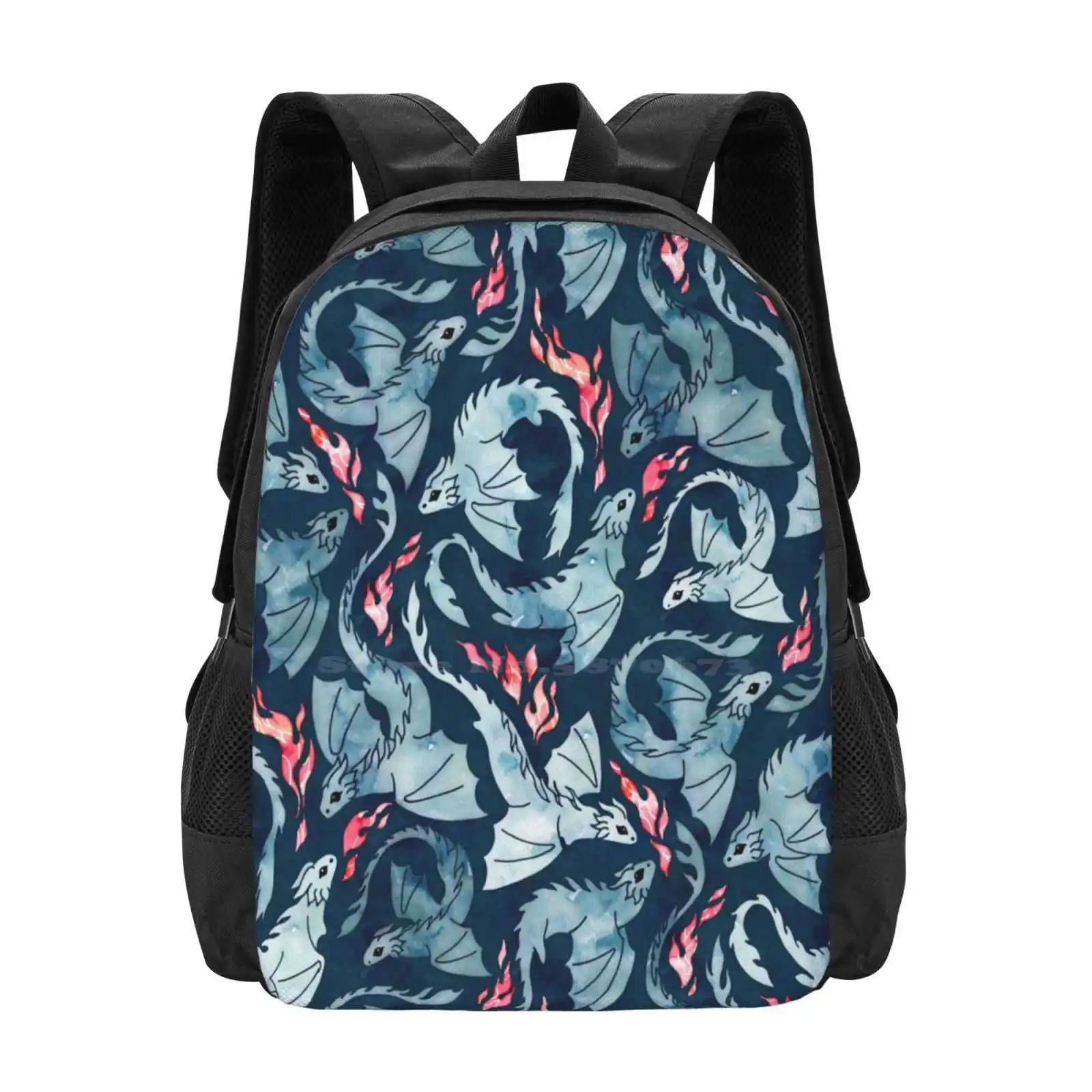 Dragon Fire Dark Blue Large Capacity School Backpack Laptop Bags Adenaj Dragon Flying Fire Breathing Fantasy Flames Navy Blue