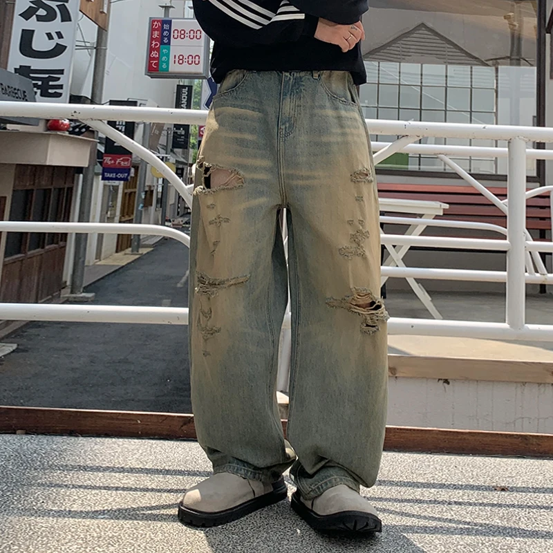 古い、適用、汚れを拭き取り、破れ穴、ジーンズ、メンズのトレンディなブランドストリートメンズ服、ルーズストレートレッグレトロワイドレッグパンツを作る