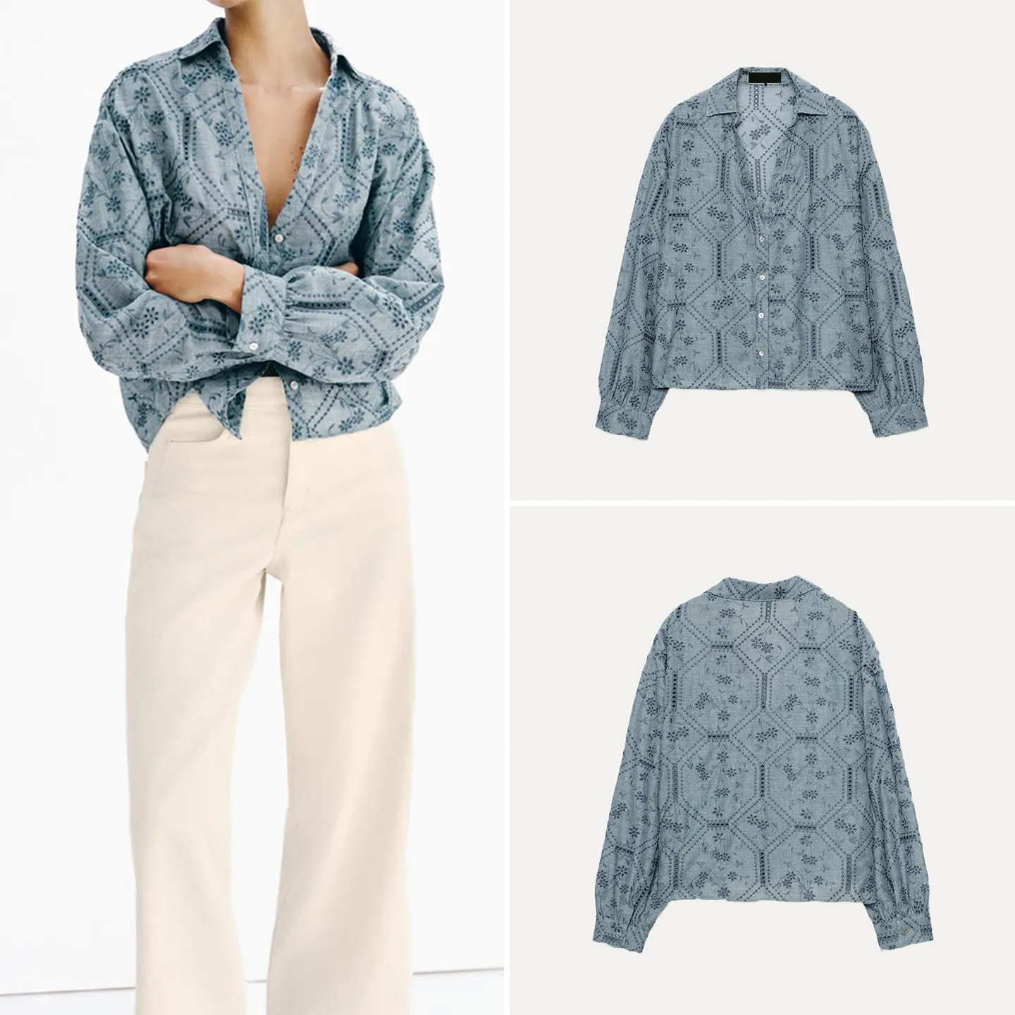 

Fashionable Embroidered Hollow out Women's Shirt 2026 Summer Casual Loose Fit Long Sleeve Versatile Style ZADATA Ladies' Shirt