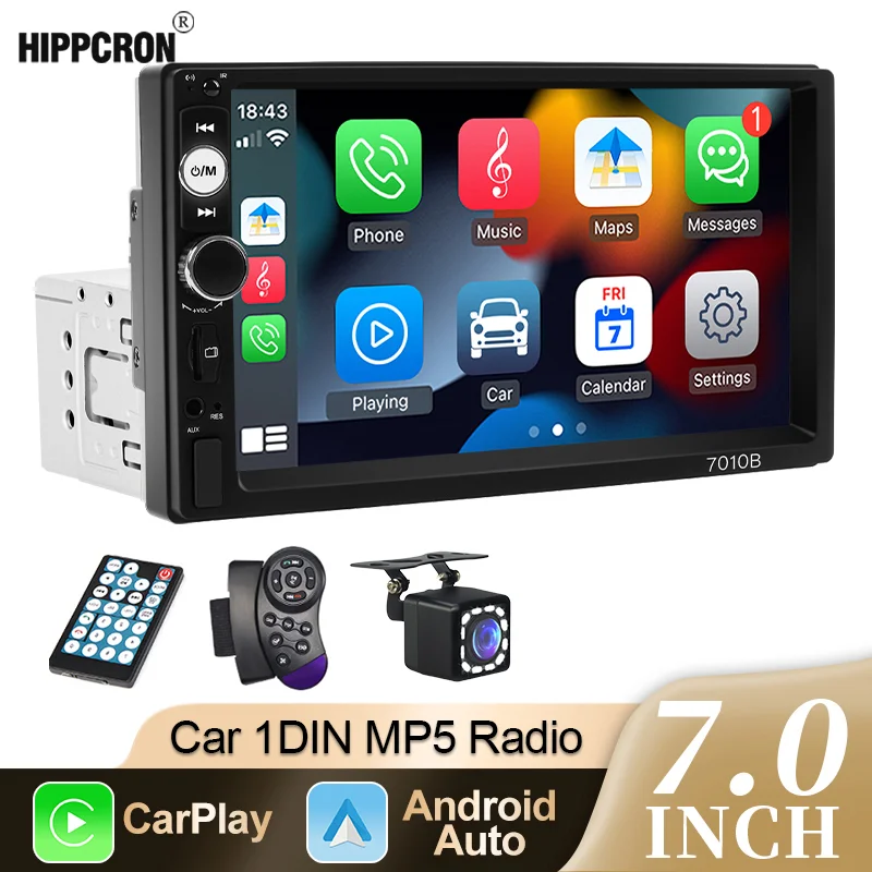 

HIPPCRON 1din Автомобильный радиоприемник Carplay Android Auto Стерео Мультимедиа 7 "Универсальный MP5-плеер Mirrorlink FM USB BT TF-карта AUX Вход