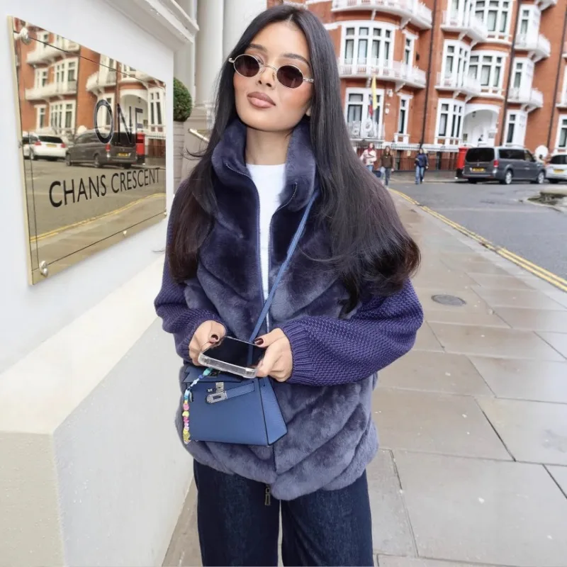 Fashion Casual Splicing Long-sleeved Knitted Coat Feminine Jackets Retro Stand Collar Zippers Color Block Party Women Streetwear