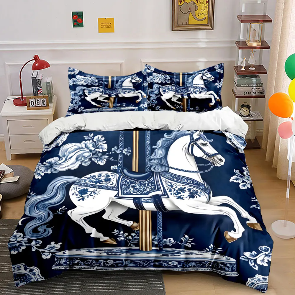 

Blue and White Porcelain Carousel Design Printed Duvet Cover Set 1 Duvet Cover+2 Pillowcase Multi Size Bedroom Bedding Decor