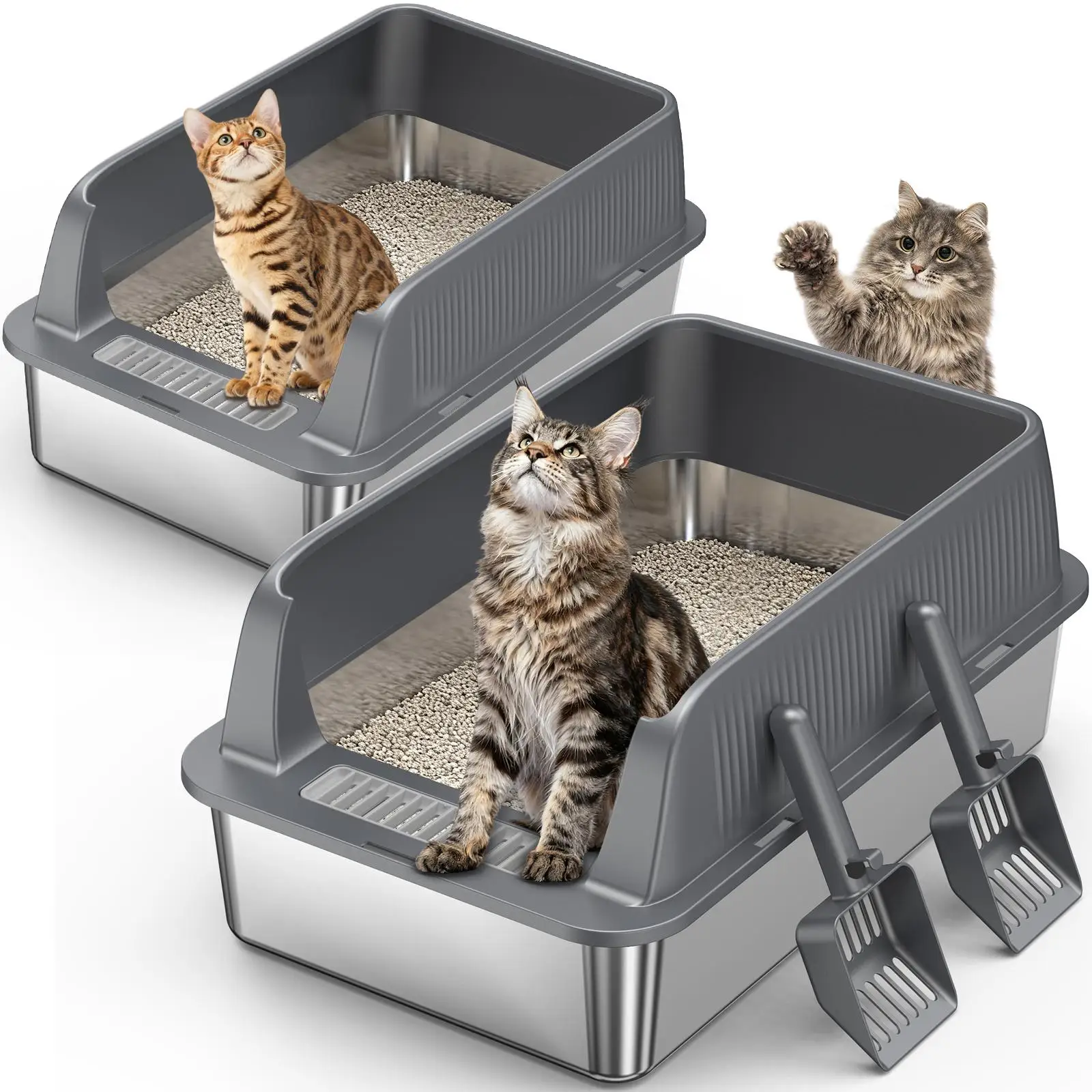 2-Piece Stainless Steel Litter Box Set for Kittens & Adults with Scoop
