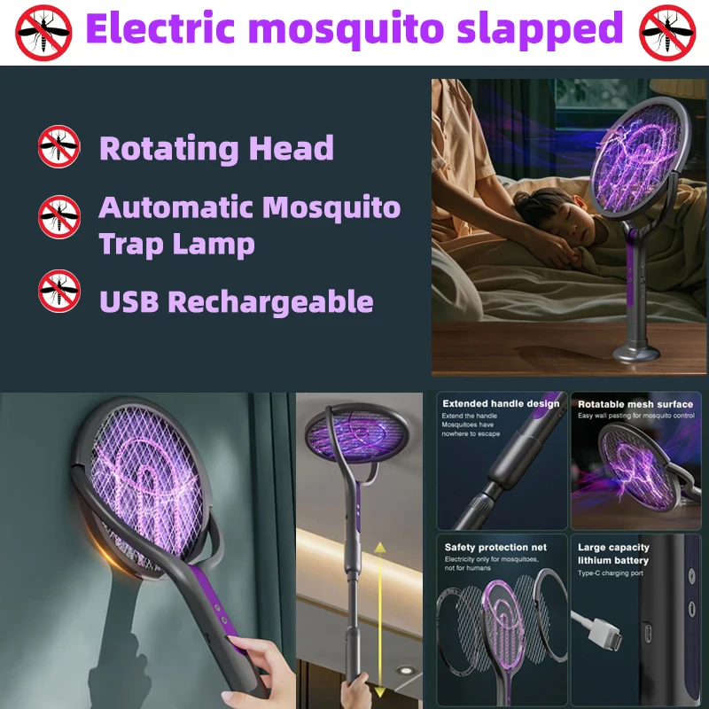 

Rotating Head Electric Fly Swatter USB Rechargeable Mosquito Killer Multi Functional Electronic Flyswatter Trap Lamp for Flies