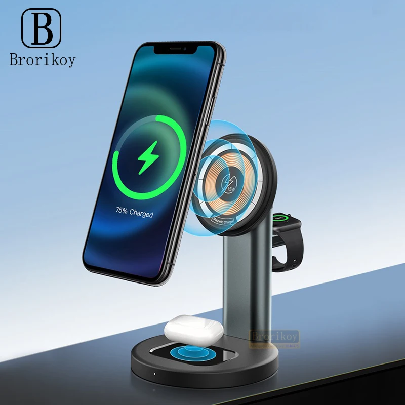 

3 in 1 Magnetic Wireless Charger Stand For iPhone 12 13 14 Pro Max Qi Fast Charging Induction Chargers For Apple Watch AirPods 3