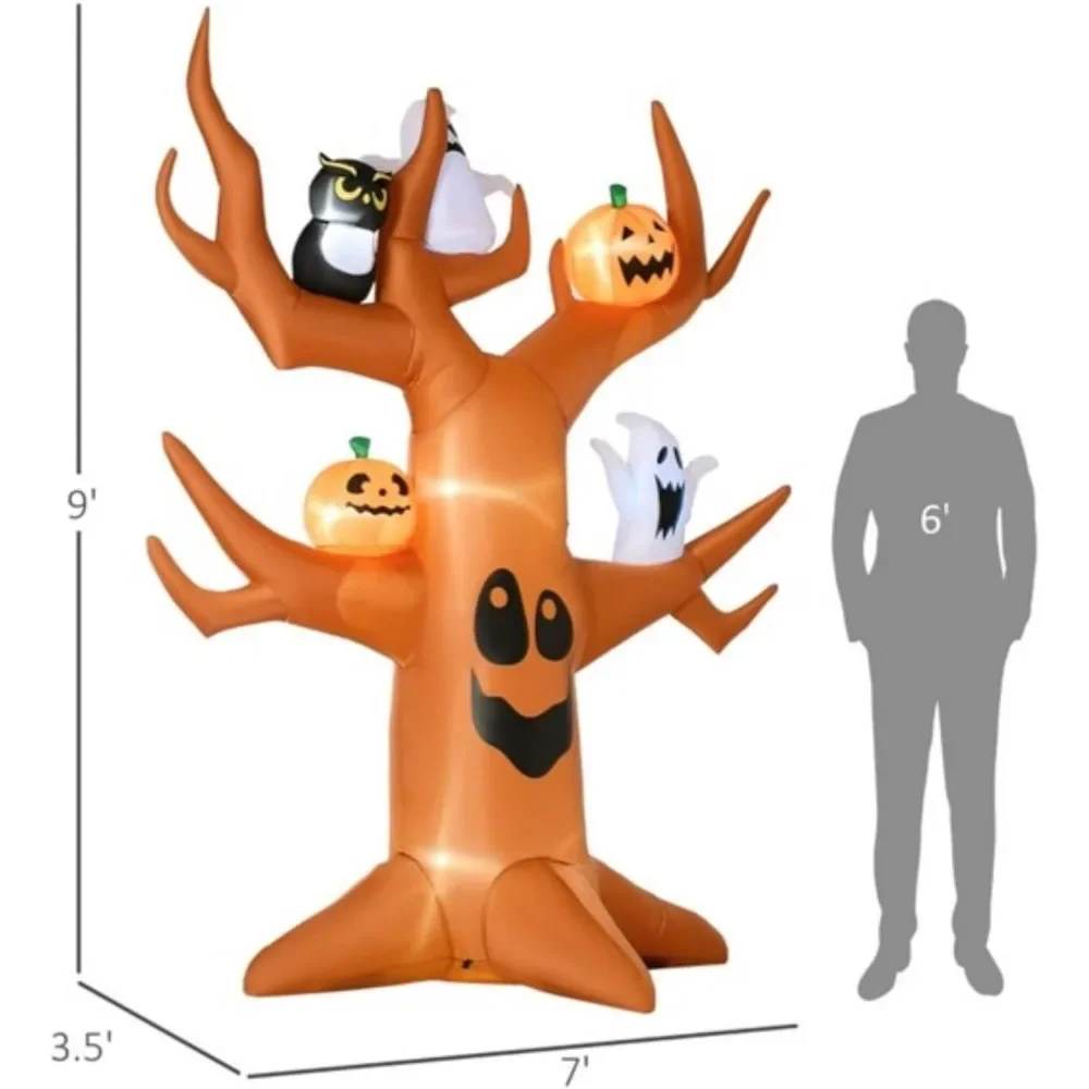 9ft Inflatable Halloween Decoration with Built-in LED Lights, Outdoor Tree Decor with Pumpkin, Owel and Ghosts