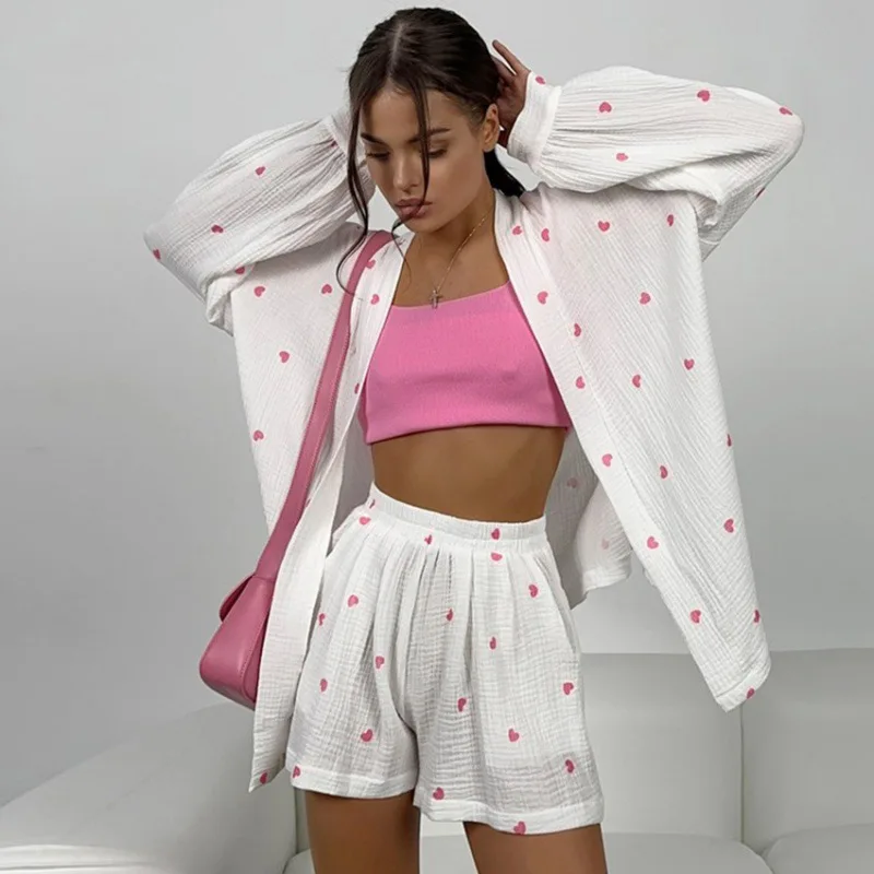 

Fashion love printed long-sleeved shorts light and thin pajamas two-piece set, women's pajamas set pajamas for women