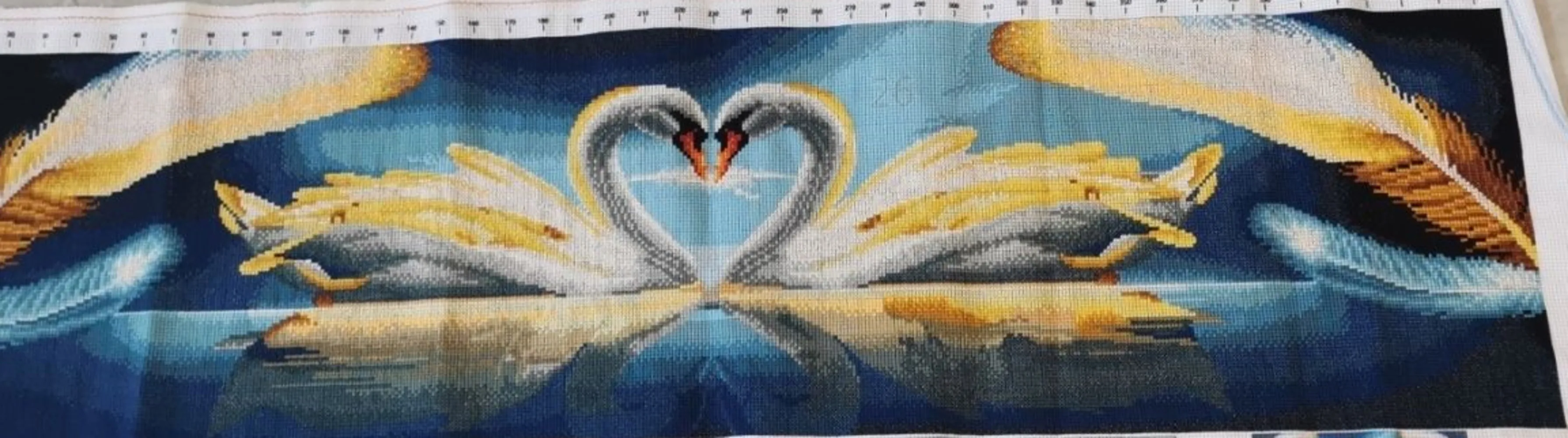 [Pure handmade cross stitch finished product]Bedside painting Swan Lake painting Heart size 123 * 32 Landscape bedroom