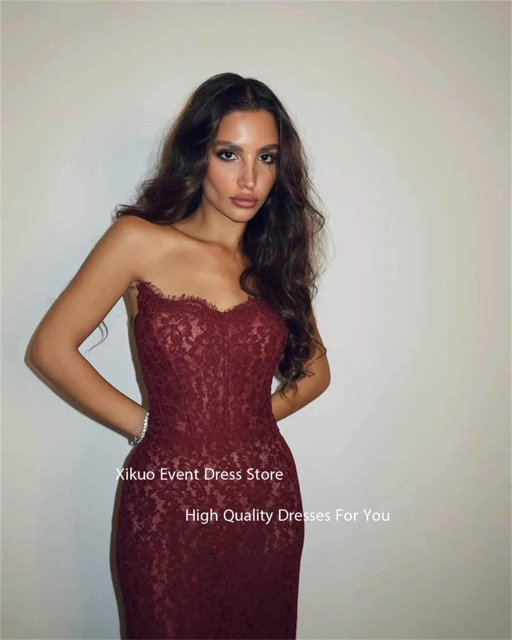 

Xikuo Burgundy Appliques Evening Dress Bodycon Formal Vestidos De Fiesta Elegantes Straight Maxi Lace Robe De Soirée Customized