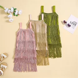 Little Kids Girls Sequin Fringe Layer Dress Sparkling Tassel Sleeveless Dress Zip Back Summer Party Latin Dress