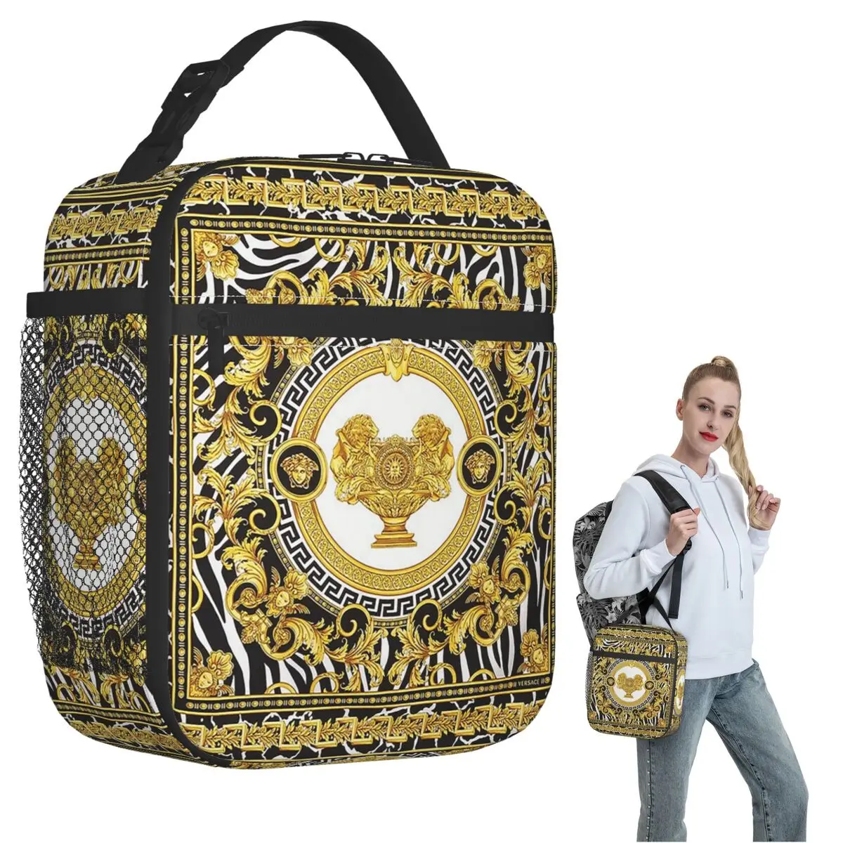 Decorative Golden Medallion Baroque Insulated Lunch Bag for Women Kids Portable Food Boxes Thermal Lunch Box Tote