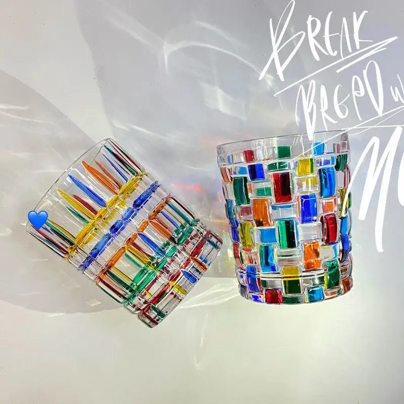 

European Hand-Painted Colored Lines, Woven Crystal Glass, Stained Glass, Juice Cup, Whiskey Glass, Personalised Gift