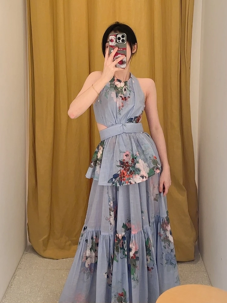 

Синее платье макси с цветочным принтом Dr Bal Svel: праздничный дизайн, имитация двух частей, А-силуэт, для женщин