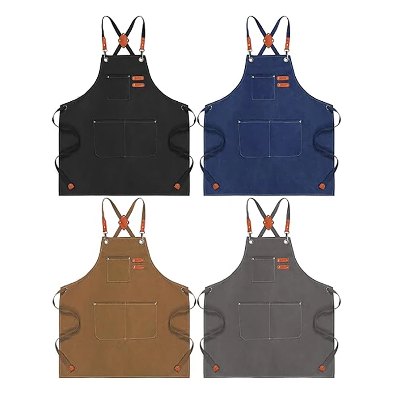 

4 Pack Canvas Chef Apron with Adjustable Strap Cross Back Apron Cotton Barber Apron for Men with Pocket