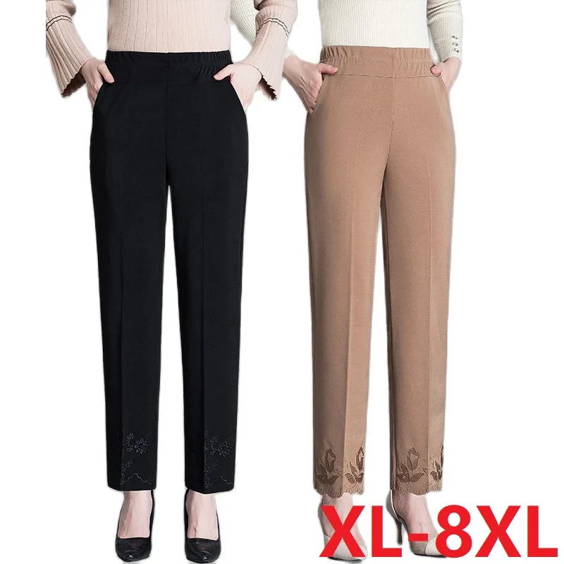 

6XL 7XL 8XL Middle Aged Elderly Women Trousers Spring Summer Embroidered Casual Pants Mother Elastic Waist Straight Pants Female