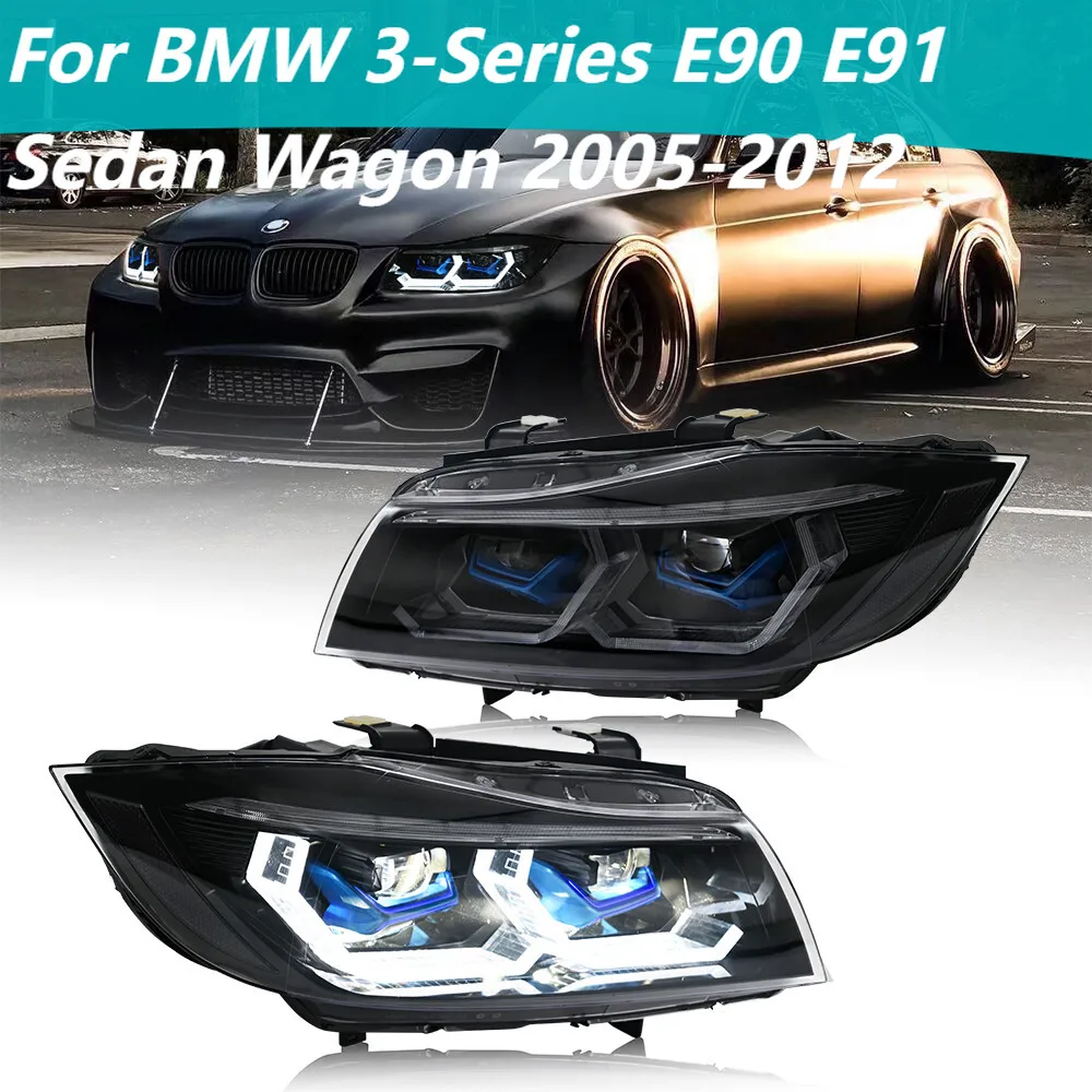 Angel Eyes LED Headlight For BMW 3-Series E90 E91 2005-2012 Pair Projector Headlamp Assembly DRL Daytime Running Light Upgrade