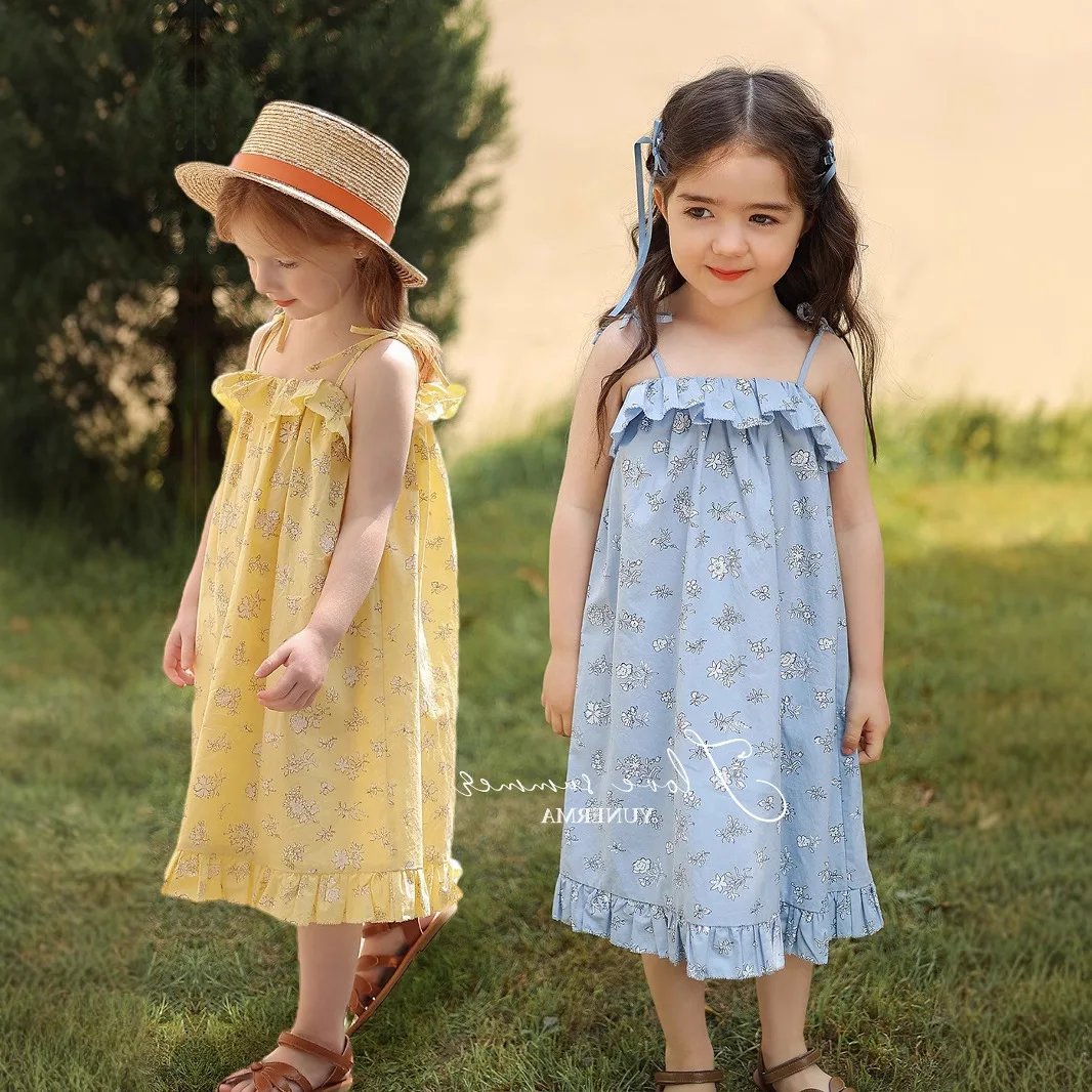 

Новое летнее платье для девочек 2026 года с цветочным принтом, на тонких бретелях, длинное, модное пляжное платье для малышей, на рост 90-140 см