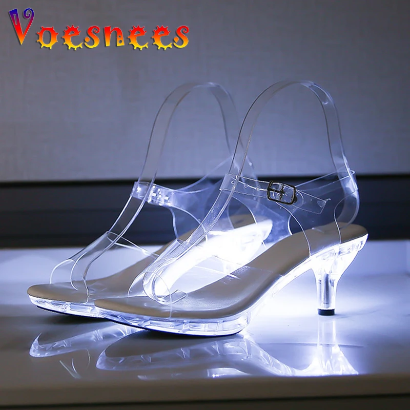 LED luminescent Sandals 6CM Kitten Heel Summer Fashion Nightclub Transparent Crystal Car Model Clear High Heels Girls Party Shoe