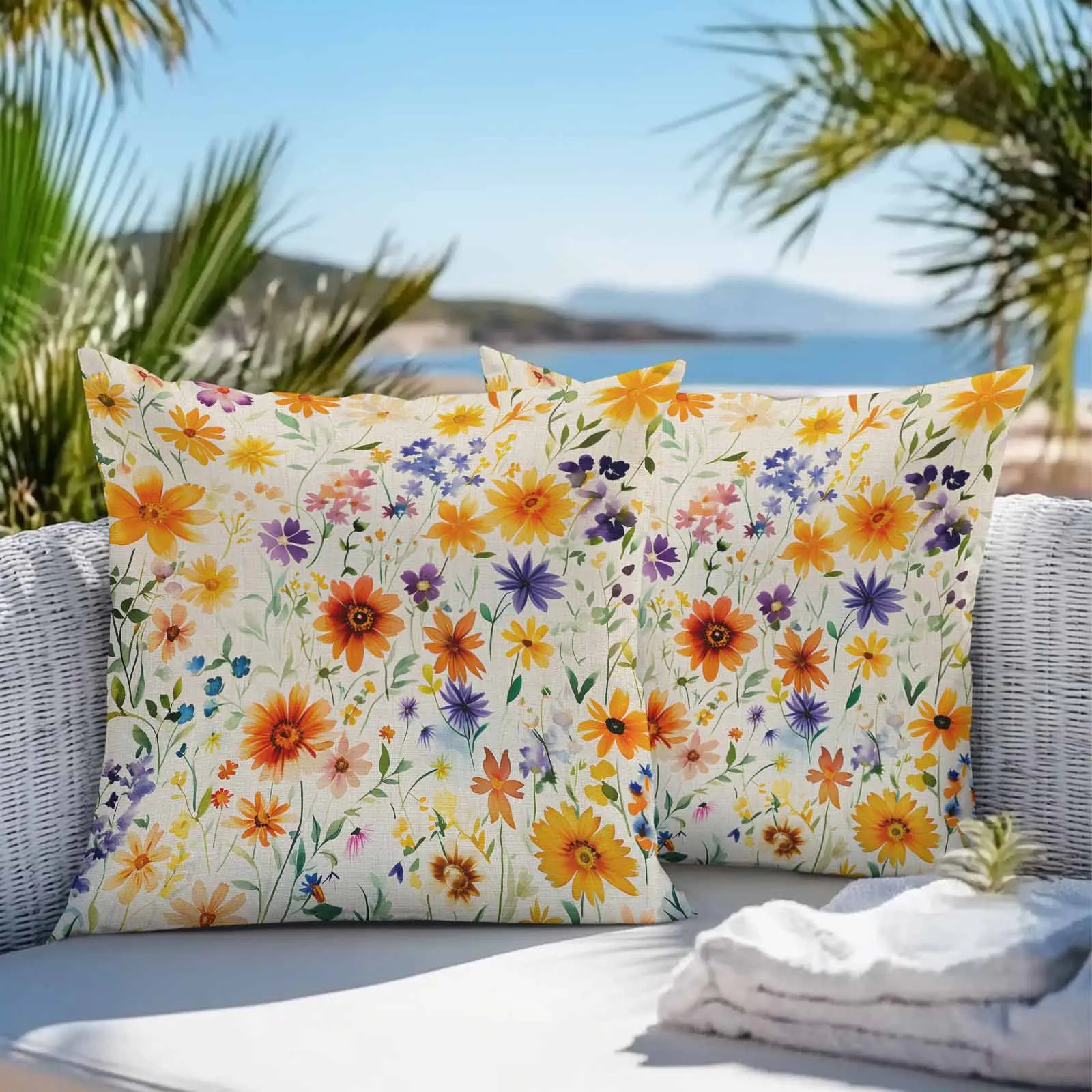 

Watercolor Pastoral Wild Flowers Linen 2/4PCS Waterproof Cushion Cover For Home Decoration 40/45/50/60/66cm Pillowcase