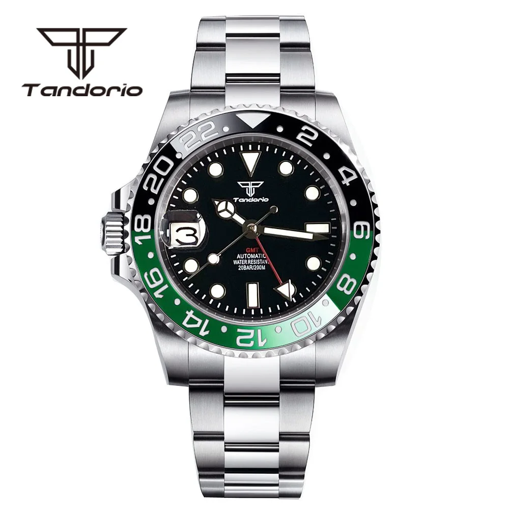 Tandorio GMT NH34A Left-Handed Screw Crown 20Bar Stainless Steel Automatic Dive Watch for Men Sapphire Glass Rotating Bezel Date