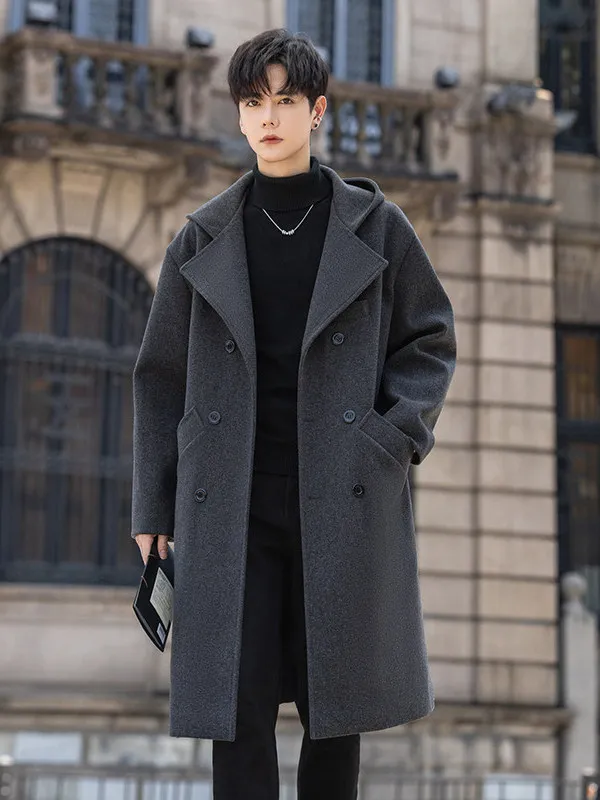 

Deep ey Hooded Woolen Coat Men's Autumn Winter Mid-Length Knee-Long Windbreaker Simple Double-Breasted Tweed Jaet