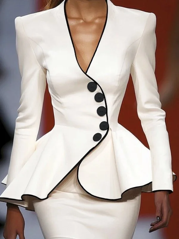 

Women’s Spring Autumn Original Jackets 2025 New Deep V-Neck Long Sleeves Buttoned Slim Elegant White Outerwear for Urban Ladies