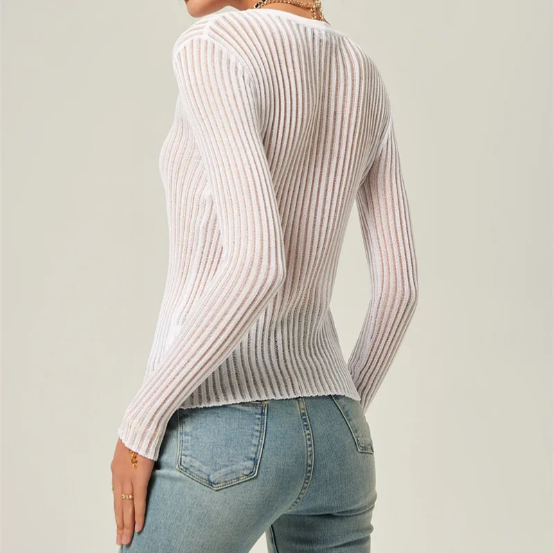 Solid Color Spring Long-sleeve Round-neck Thin Knit Top For Women Sun-protective Half Transparent Hollow Out Cover Up Style S22T