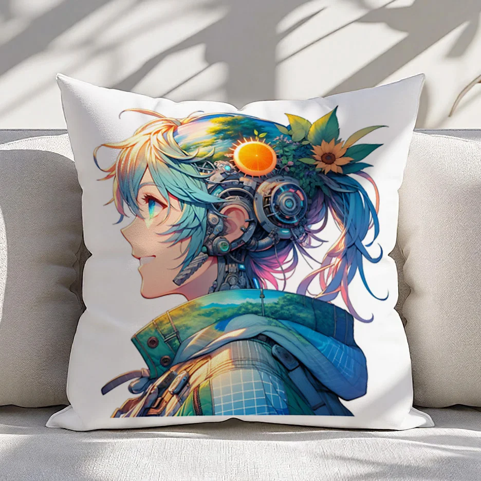 High Quality Anime Manga Character Floral Print Throw Pillow Cover Cute Kawaii Style Cushion Case for Bedroom Home Decor Anime G