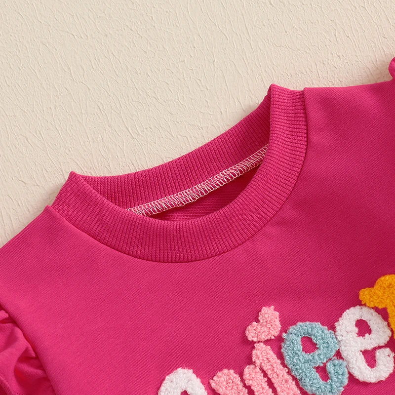 ملابس الخريف للفتيات الصغيرات، سويت شيرت بأكمام طويلة وكشكشة مطرزة بأحرف وسراويل مرنة، مجموعة ملابس أطفال مكونة من قطعتين