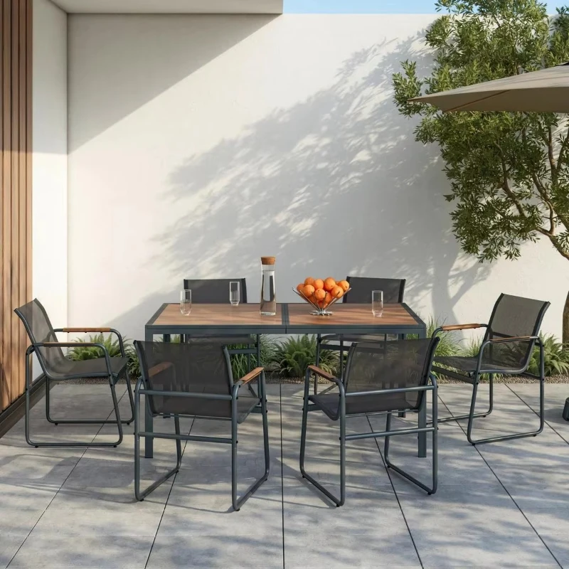 Outdoor dining set with stylish metal garden furniture featuring modern patio chairs and garden dining table