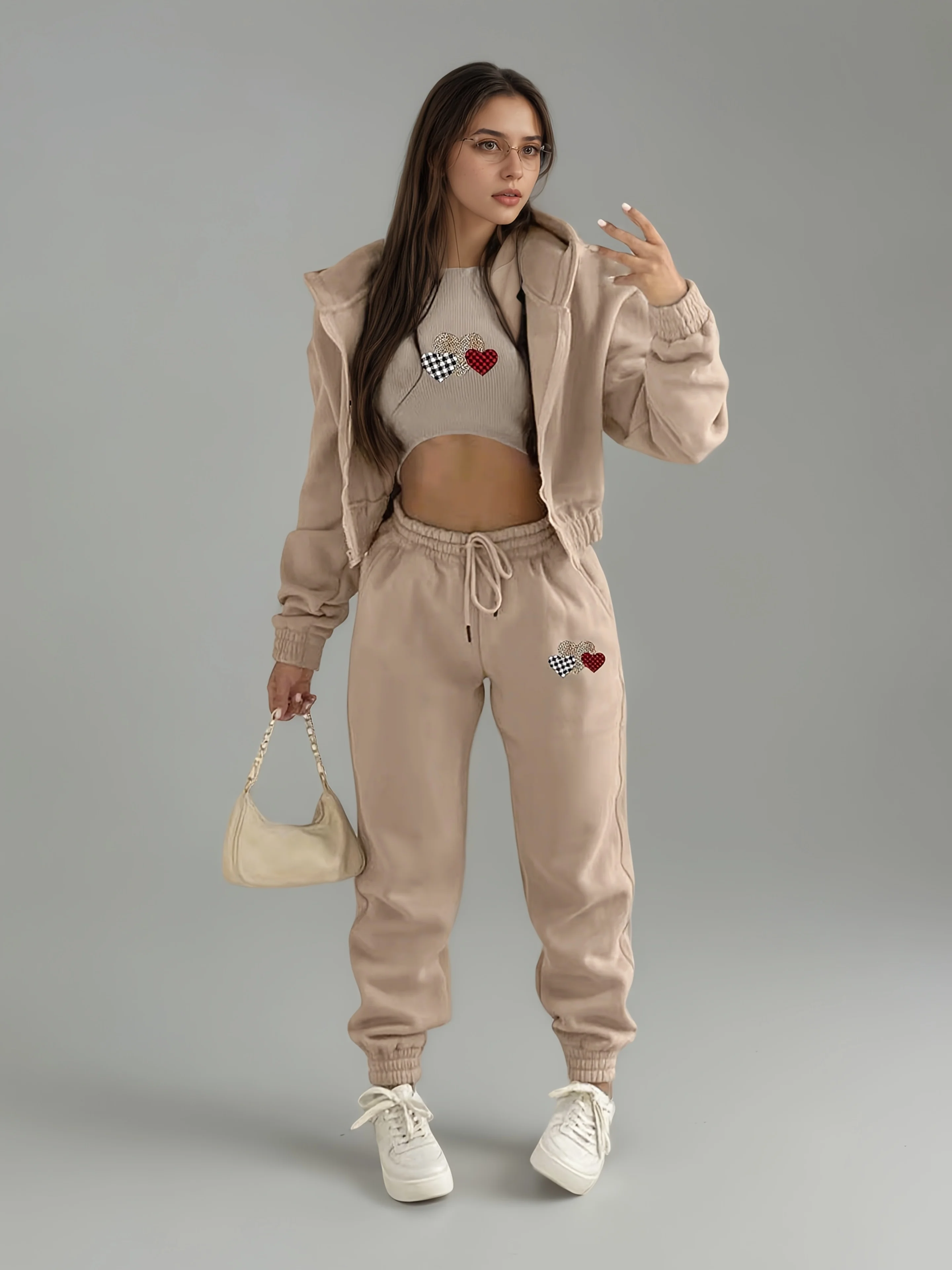 

Cute Heart Pattern Beige Sportswear Set - Short Top, Hoodie, and Jogging Pants, Fashionable Casual Wear