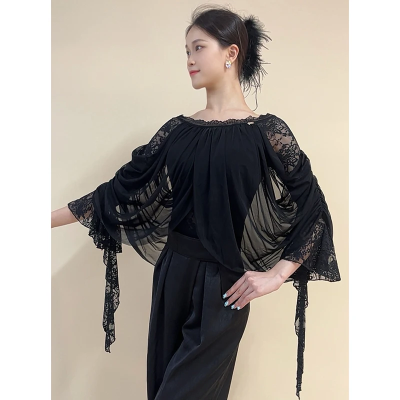 Top da ballo per sala da ballo in pizzo nero Abbigliamento per spettacoli di danza valzer Abiti da pratica per donna Tuta da ballo latino Salsa per adulti BL15763